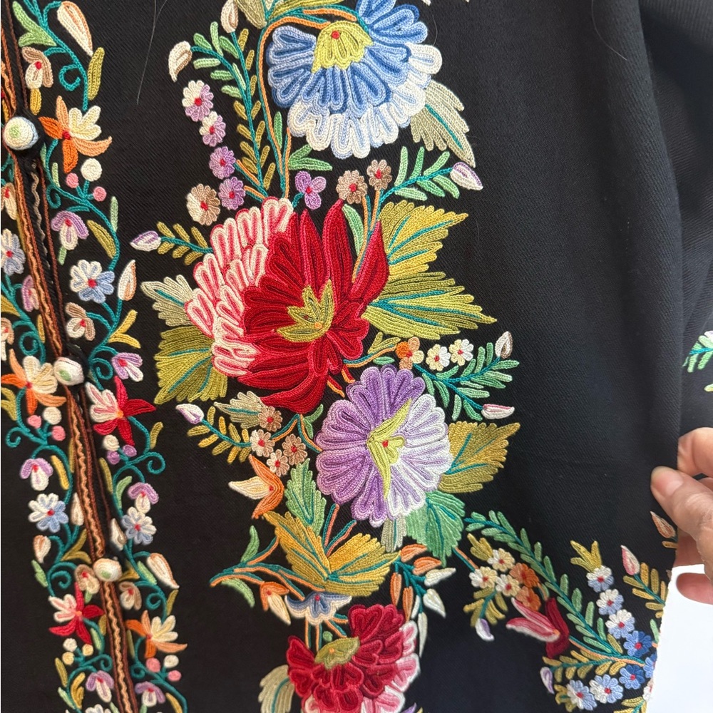 black wool Kashmiri jacket featuring multicolor allover Aari embroidery - Picture 3 of 15